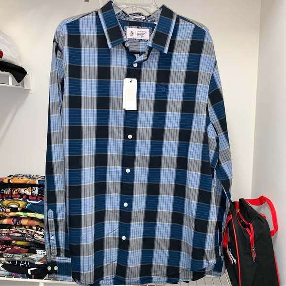 Penguin Plaid Blue Long Sleeve Shirt 55 Slim XXL - Picture 2 of 6